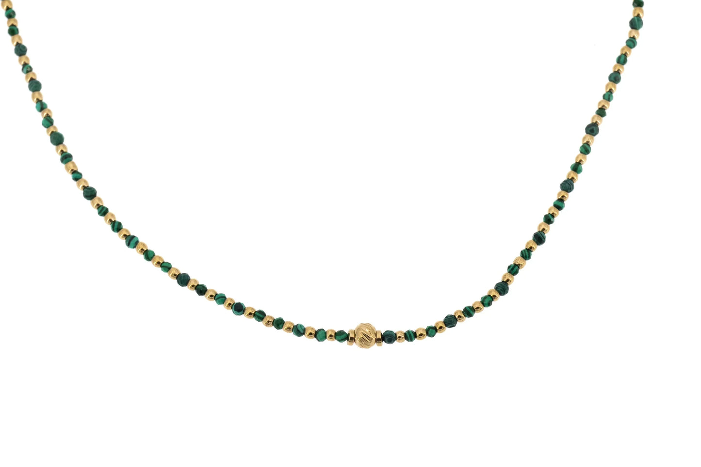 Delicate gold and green beaded necklace with a central gold accent bead, elegant jewelry