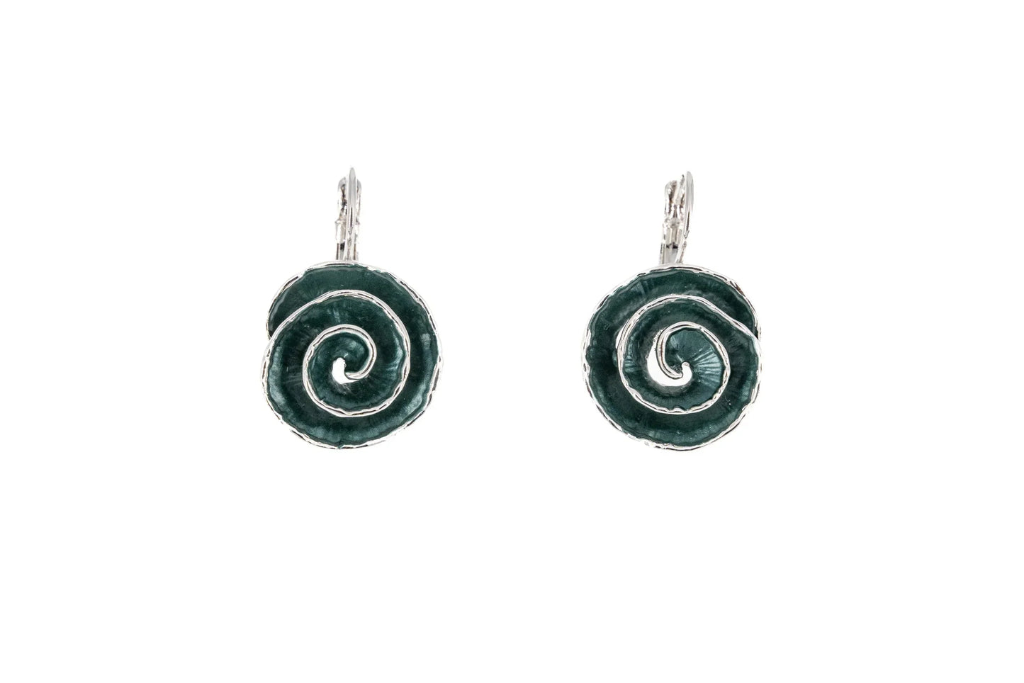 Pair of green spiral drop earrings with silver accents on white background