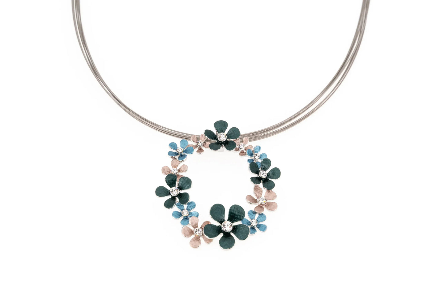 Floral pendant necklace with blue, green, and pink flowers and crystal accents