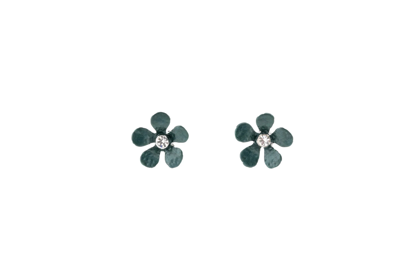 Green flower-shaped stud earrings with crystal center on white background
