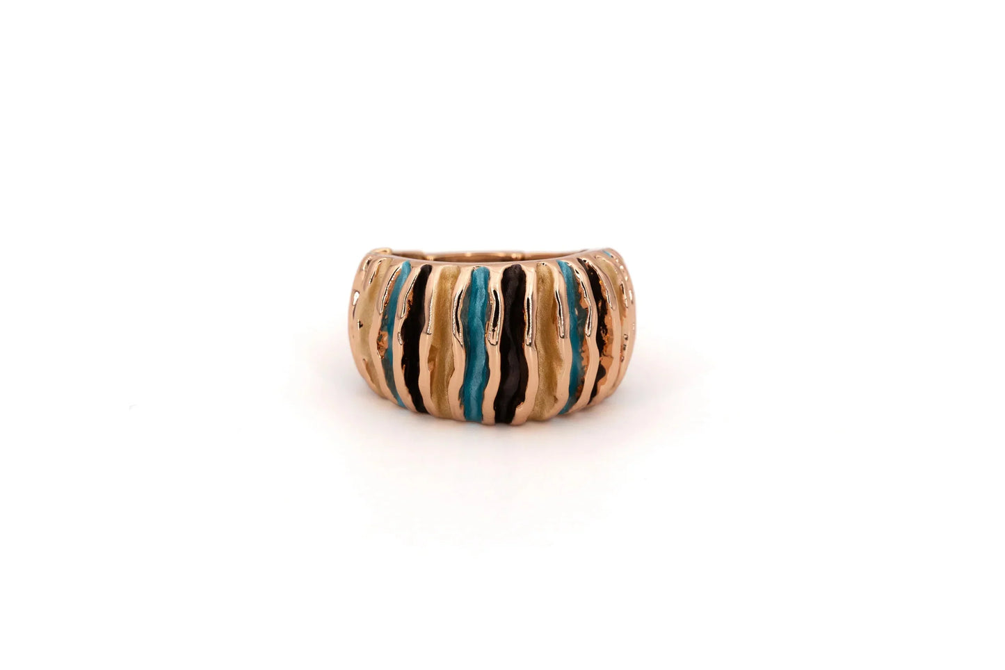 Wide gold ring with textured black and turquoise enamel stripes on white background