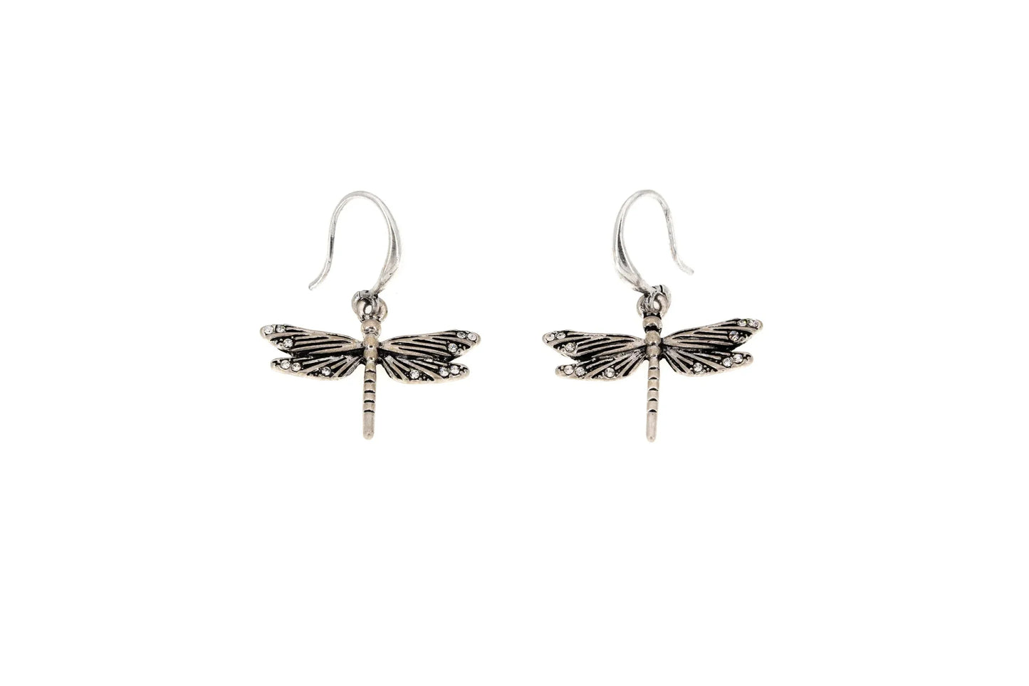 Silver dragonfly dangle earrings with detailed wings on white background