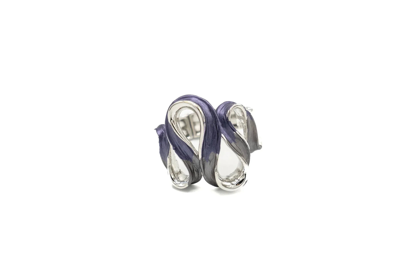 silver serpentine ring with purple enamel detail, modern artistic jewelry design