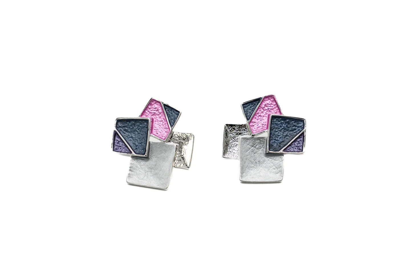 Geometric square earrings with silver, purple, blue and pink accents on white background