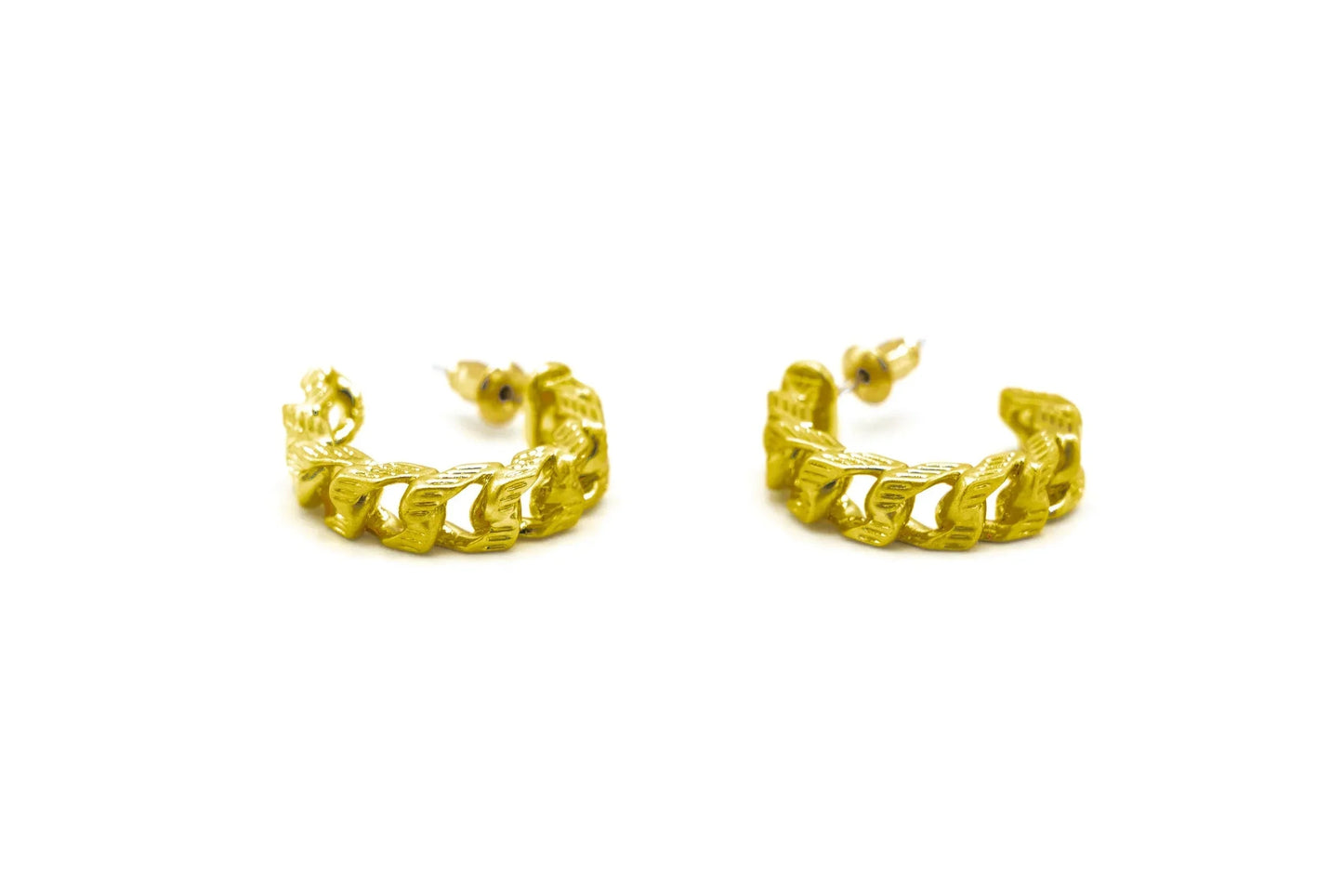 Gold-tone chain link semicircle earrings on white background