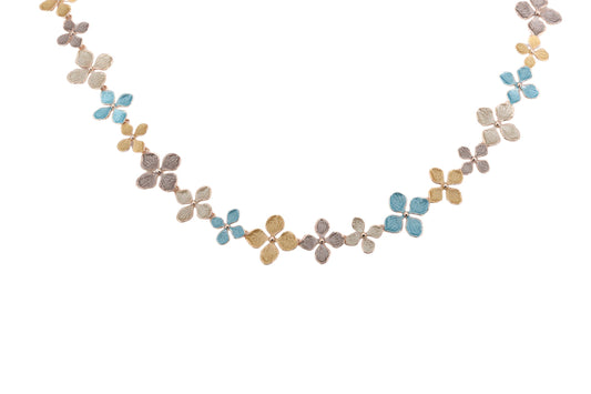 Colier scurt din zamac cu motive florale multicolor auriu roz