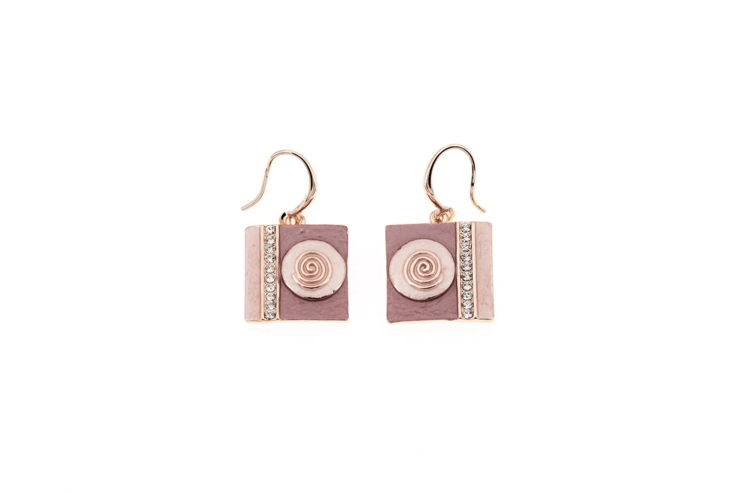 Geometric square drop earrings with rose gold spiral detail and rhinestone accents