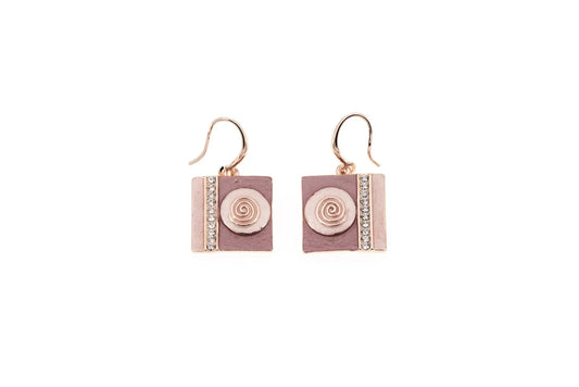 Geometric square drop earrings with rose gold spiral detail and rhinestone accents